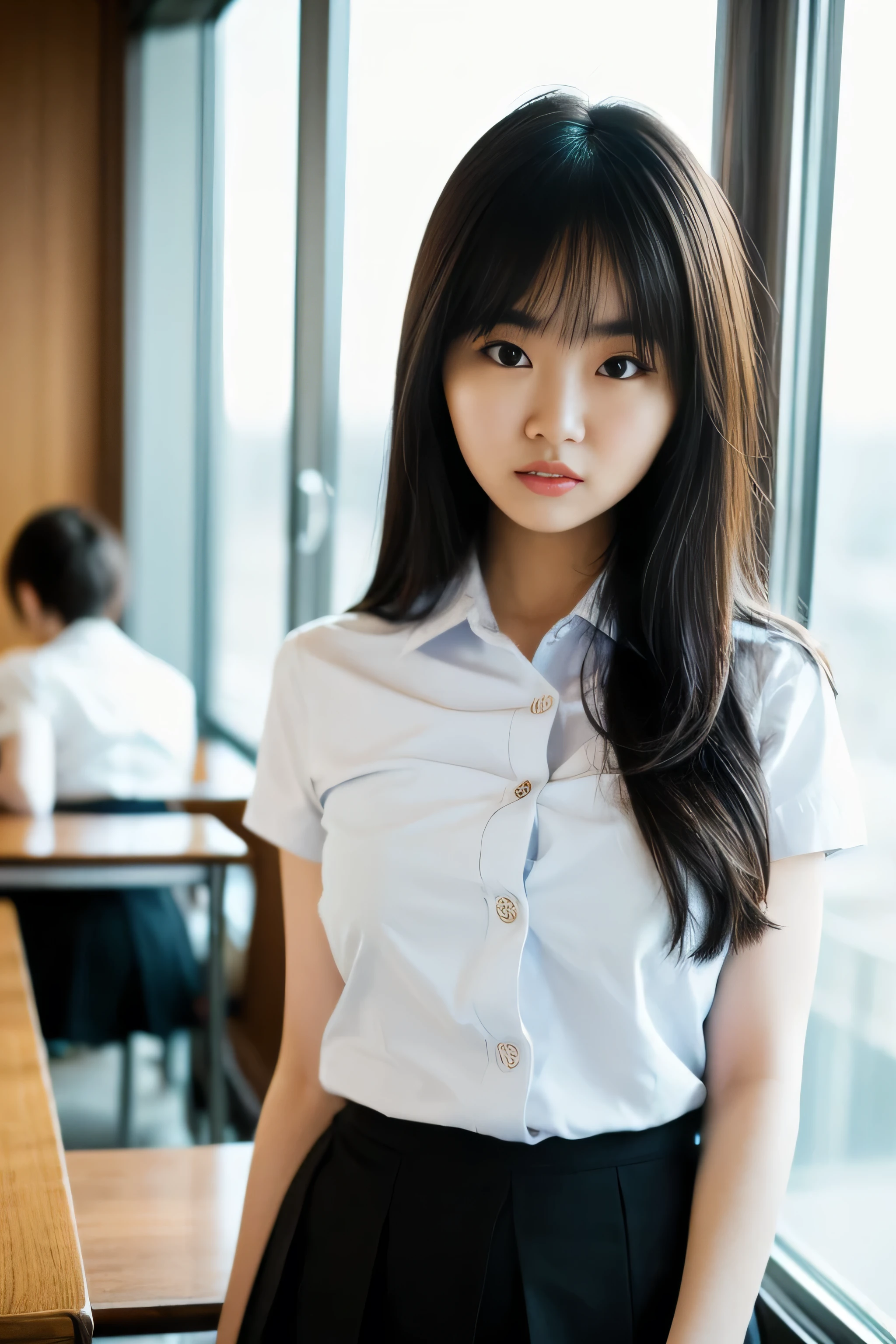 Close up,1 girl{{A beautiful girl wearing a white short-sleeved shirt and a black short A-line skirt}} stood in the classroom.  sexy poses  with several lecture tables set up behind it  There is a sliding glass window.  There was evening light streaming into the room.