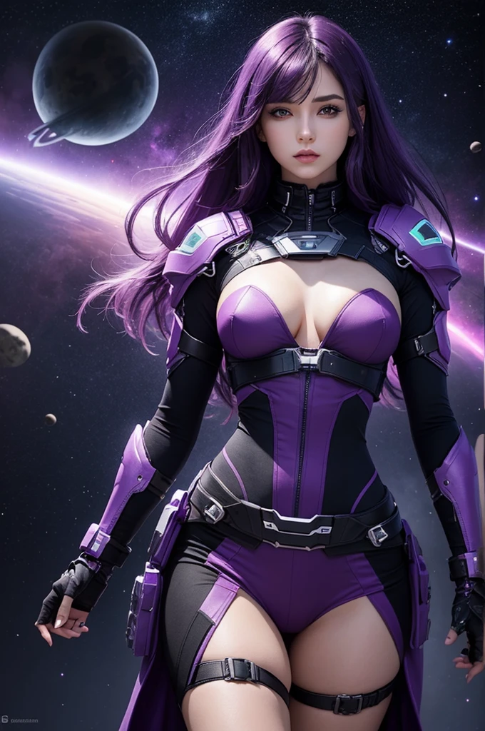 Create a female character with dark purple hair and a futuristic outfit in the middle of space