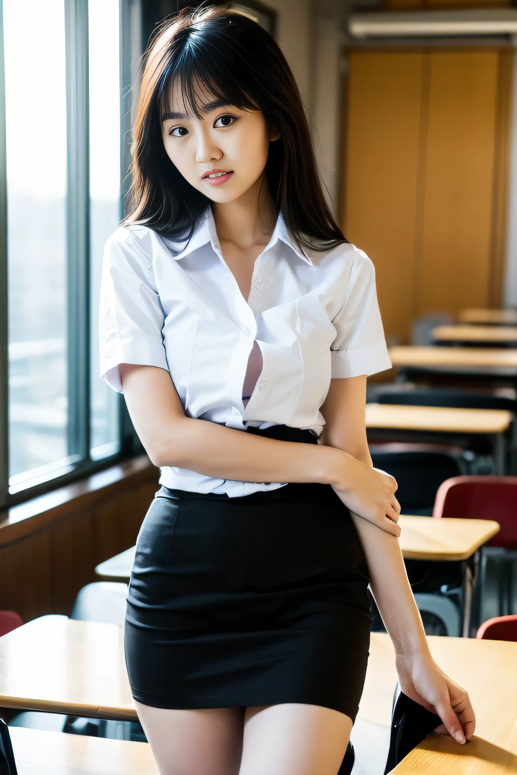 Close up,1 girl{{A beautiful girl wearing a white short-sleeved shirt and a black short A-line skirt}} stood in the classroom.  sexy poses  with several lecture tables set up behind it  There is a sliding glass window.  There was evening light streaming into the room.