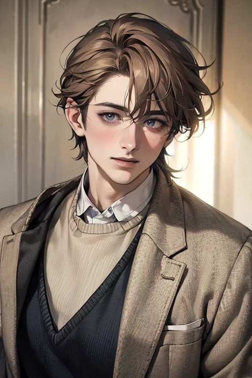 a man with short light brown hair and light, 30 years,blue gray eyes, smiling, wearing a white shirt, beige sweater vest, black pants, and black blazer, (best quality,4k,8k,highres,masterpiece:1.2),ultra-detailed,(realistic,photorealistic,photo-realistic:1.37),portrait,highly detailed face,detailed clothing,natural lighting,warm color tone