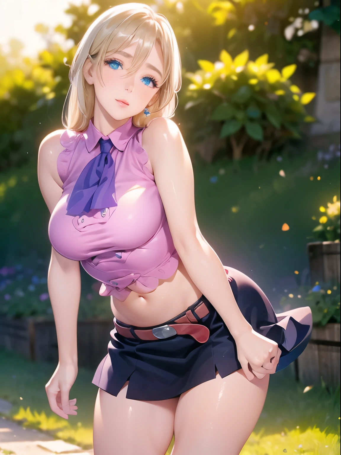 (best quality), (ultra detailed), (photorealistic: 1.37), bright colors, 1 woman, sensual expression, elegant makeup, long blonde hair, seductive eyes, bright lips, sexy pose, (beautiful detailed face: 1.0), smiling, female focus, violet tank top, fitted t-shirt, bare shoulders, bare abdomen, mini-skirt, white stockings, stockings with white lace, standing, leaning against a tree, a park in the background, looking at the viewer,