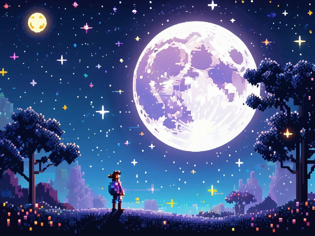 Pixelated Style scene, of Stars , Big pixels, a character, and a full moon