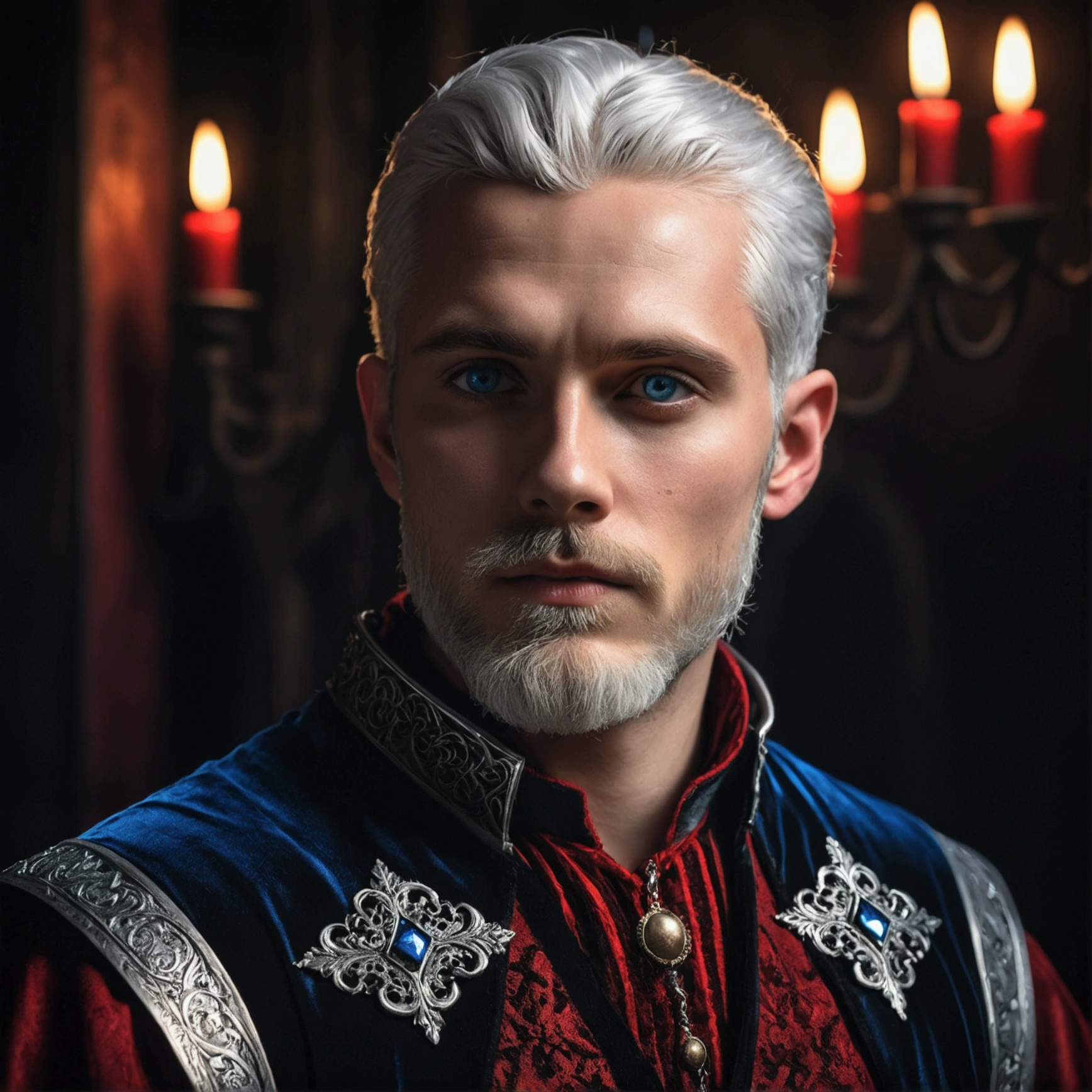 (a 30-year-old man with short silver white hair and blue eyes, well-groomed e short silver white beard, wearing luxurious medieval red and black clothes,dramatic lighting,highly detailed,photorealistic,8k,cinematic,dramatic atmosphere,dark fantasy,dramatic pose,chiaroscuro lighting,moody lighting,dramatic shadows,stunning details)