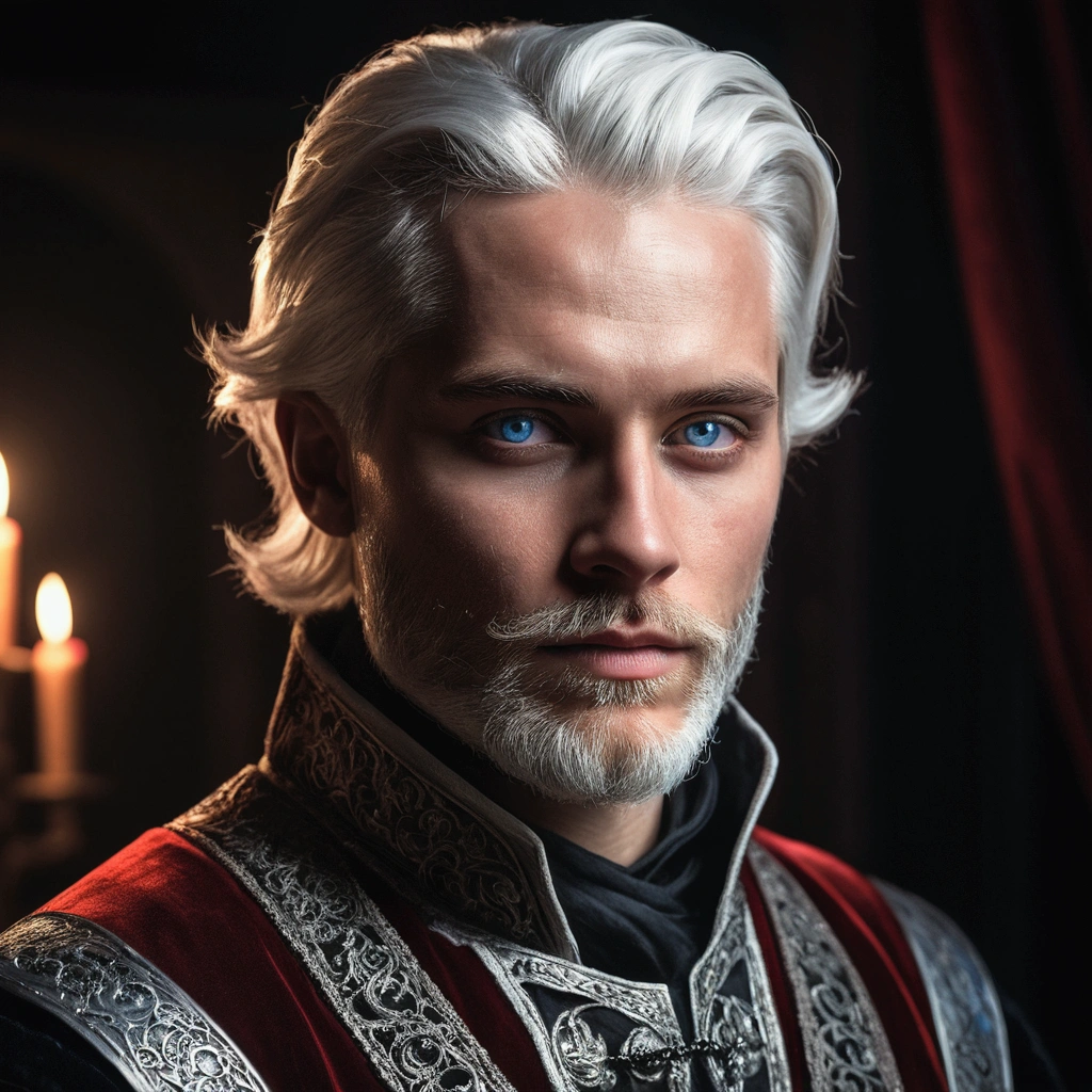 (a 30-year-old man with short silver white hair and blue eyes, well-groomed e short silver white beard, wearing luxurious medieval red and black clothes,dramatic lighting,highly detailed,photorealistic,8k,cinematic,dramatic atmosphere,dark fantasy,dramatic pose,chiaroscuro lighting,moody lighting,dramatic shadows,stunning details)