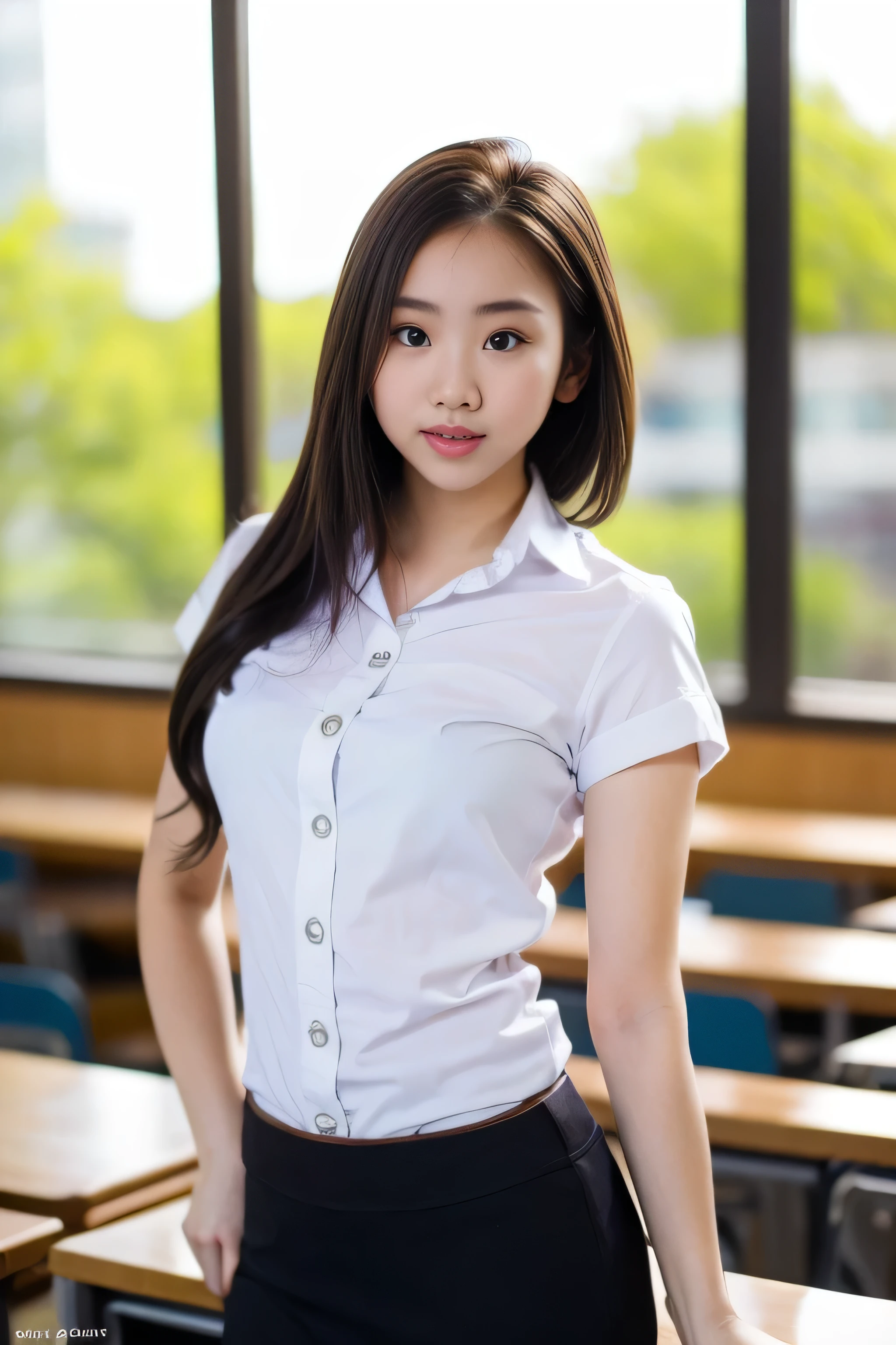 Close up,1 girl{{A beautiful girl wearing a white short-sleeved shirt and a black short A-line skirt}} stood in the classroom.  sexy poses  with several lecture tables set up behind it  There is a sliding glass window.  There was evening light streaming into the room.