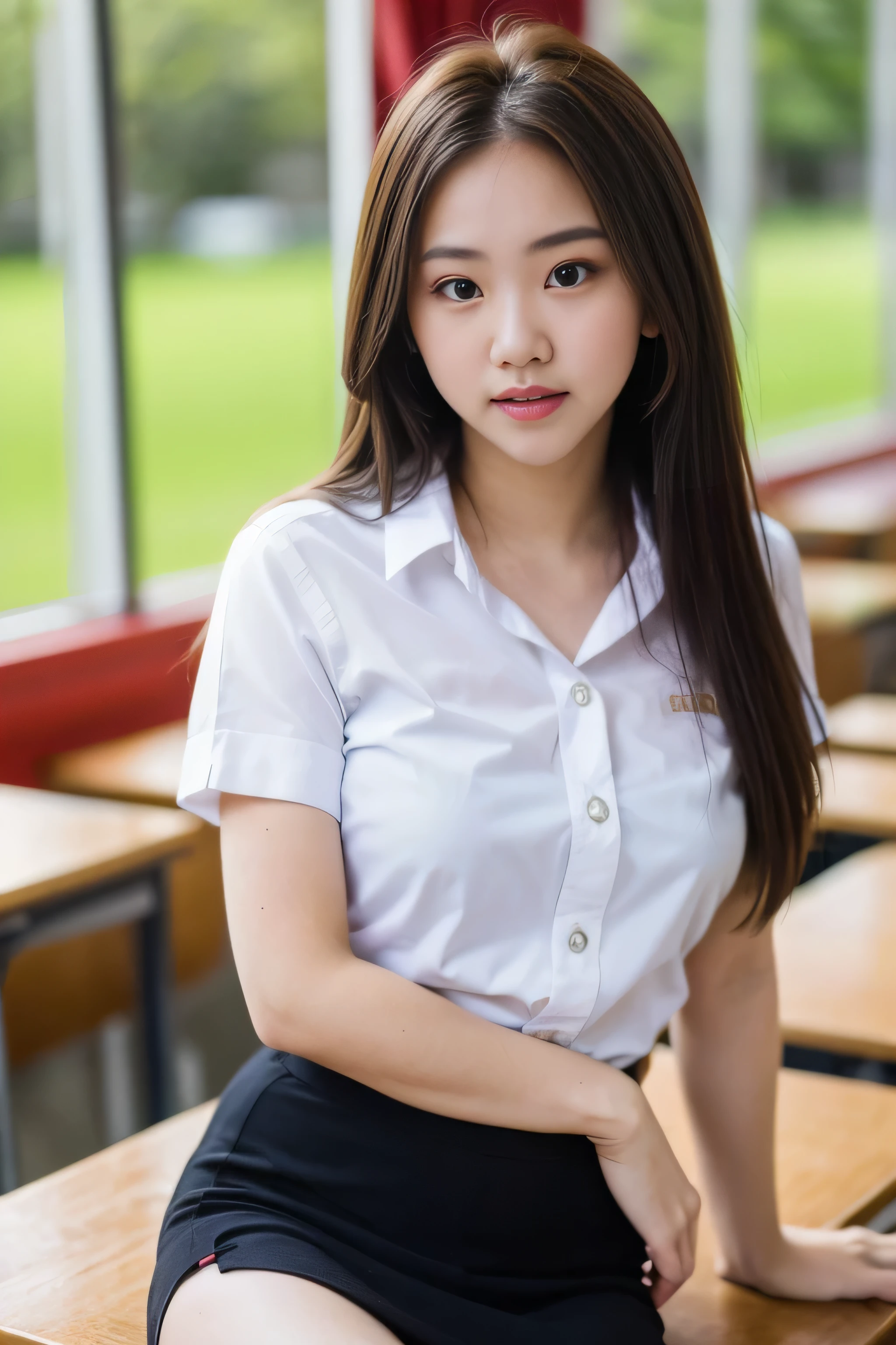 Close up,1 girl{{A beautiful girl wearing a white short-sleeved shirt and a black short A-line skirt}} stood in the classroom.  sexy poses  with several lecture tables set up behind it  There is a sliding glass window.  There was evening light streaming into the room.