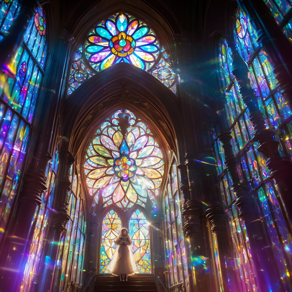(Cathedral from below:1.28) (ZoomLayer) TopQuality 8K masterpiece of ((Professional photo)), (((Clarisse de Cagliostro))) (Detailed White WeddingDresses), Chain, (((Extremely detailed KAWAII face))) {((VeiledFace))|BlondeHair|(Elaborate BuleEyes)with(SparklingHighlights:1.28)}, The background is distant (((Elaborate stained glass))) Rainbow Glass, {(MysticSight)|EnchantingAtmosphere|Haze|(GodRays)|TyndallEffect}, Radiant PearlSkin with Transparency, (Exposed:0.39)