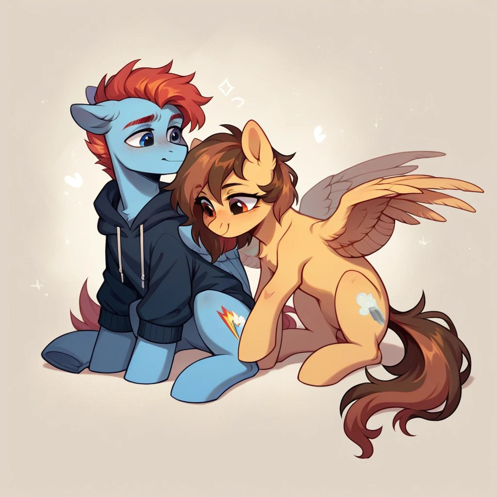 My little pony OC, wild pony, cuddly, masculine gender, full body, pegasus, wearing a sweatshirt