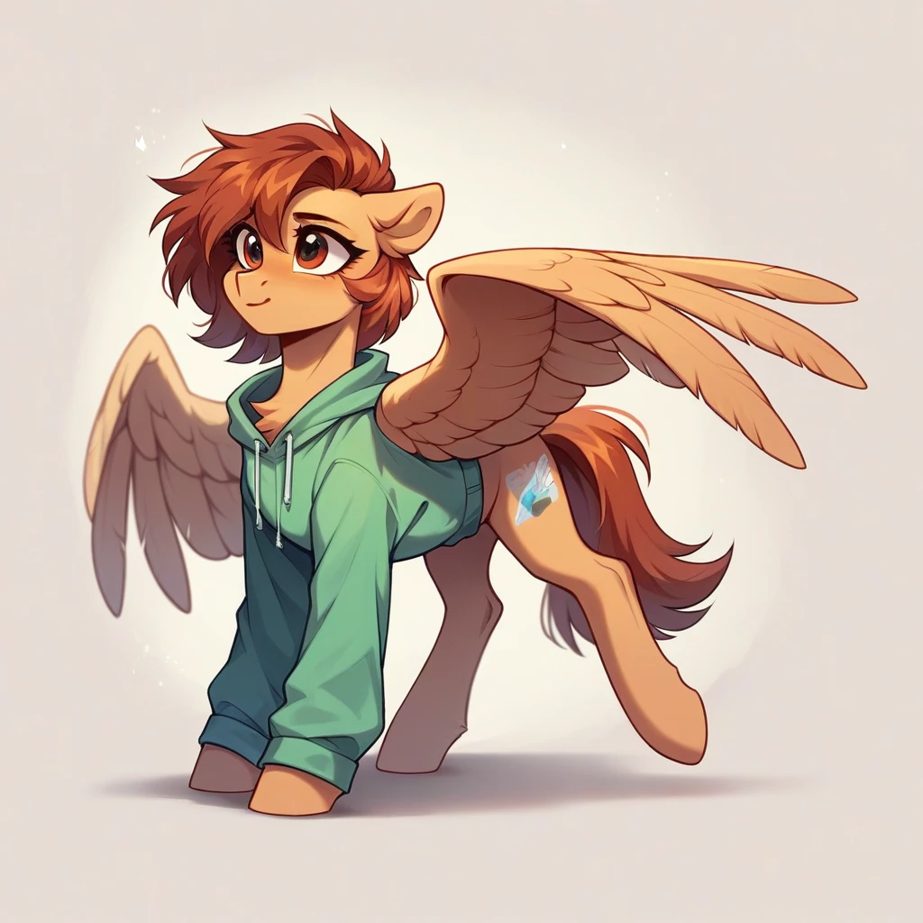 My little pony OC, wild pony, cuddly, masculine gender, full body, pegasus, wearing a sweatshirt