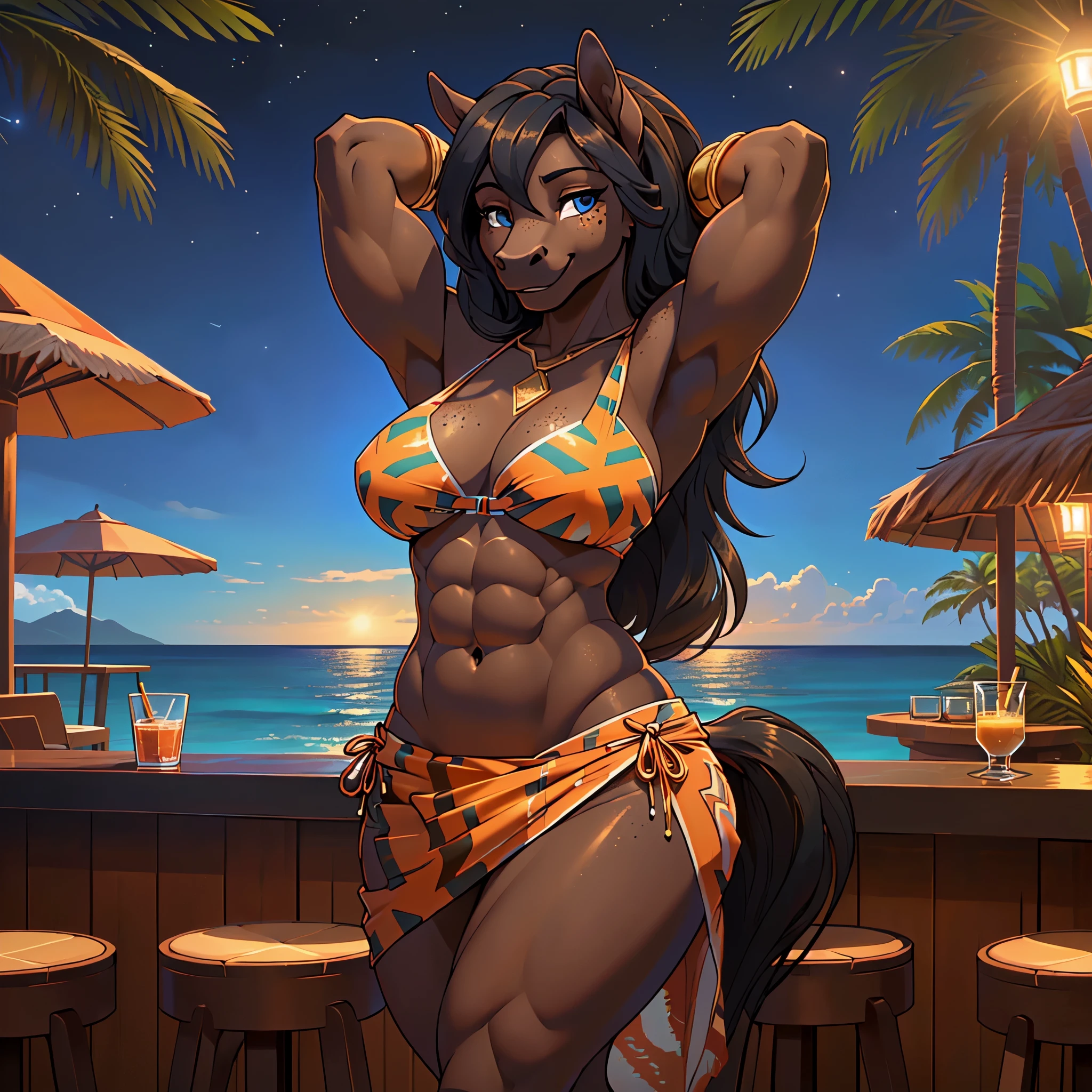 masterpiece, top quality, best quality, highly detailed, 8k, super high resolution, absurdres, perfect anatomy, ((solo focus, 1girl)), ((detailed eyes)), ((looking at viewer, hands on hips, posing)), (joyful, smile, happy), ((anthro all dark brown horse, black horse tail)), ((all dark brown body, dark brown snout)), (freckles), (adult), ((black hair)), blue eyes, (half-closed eyes), ((long straight hairstyle)), (muscular, hourglass figure, thick thighs, large breasts, long legs, defined abs, bare midriff), (((orange sarong, green trim, geometric pattern, orange swimsuit))), ((gold jewelry, bracelets)), ((indoor pool, interior, liminal space))