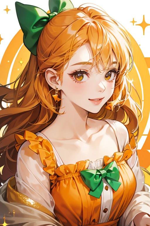 Pale orange GIRL bear with orange syrup swirled on her head. She has a simple smiling expression with brown eyes and nose. On her right ear is a green bow. SPARKLE; GLITTER