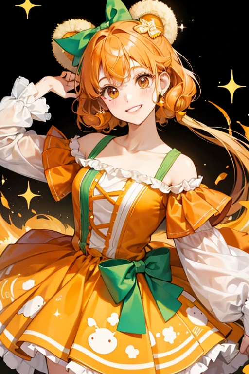 Pale orange GIRL bear with orange syrup swirled on her head. She has a simple smiling expression with brown eyes and nose. On her right ear is a green bow. SPARKLE; GLITTER