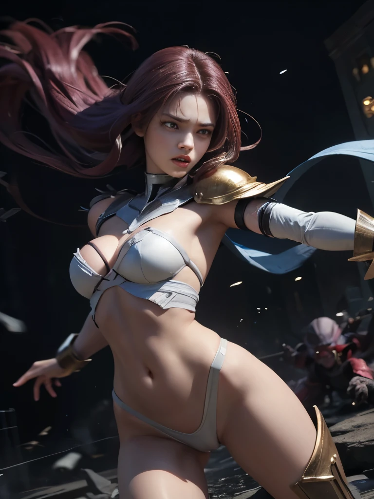 Highest quality、rape、Captured by mutants、Surrounded by mutants、defeat、Beautiful woman with very long purple hair、White Armor（Medium breast、Off the shoulder、No sleeve、No elbow pads、Belly button、High Leg、Exposed thighs）、White Armorのブーツ、Tears overflow、Frightened expression、Fleeing 1:5、Attacked by mutants 1:5、Many violent mutants 1:5、The mutant grabs the woman&#39;s arm.　Mutant attacks from behind、Mutant grabs leg、Mutant Swarm 1:5、darkness、another world、Dark fantasy、Pitch black hell