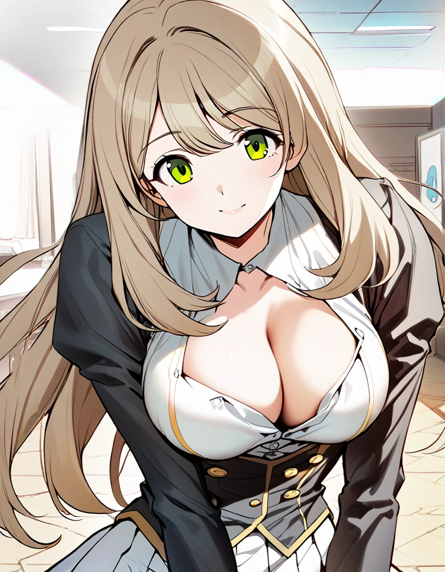 High detailed, 1 girl, solo, nonomi \(blue archive\), cyan eyes,brown hair,long hair, busty, chunky, yellow genetics's uniform, Juliet sleeves,  deep cleavage, white skirt,pleated skirt, genetics's uniform, juliet sleeves, genetics's uniform