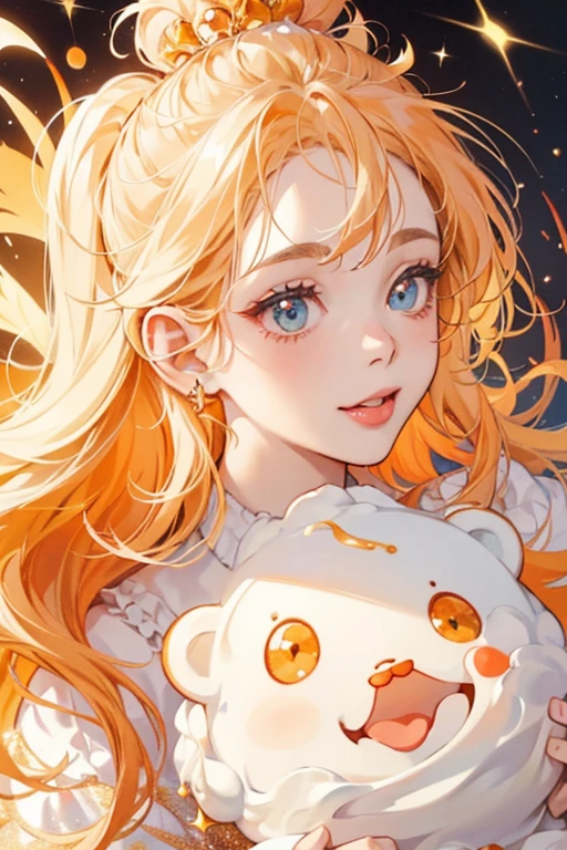 A cream-colored GIRL bear with a silly expression composed of her sticking out her tongue with a scrunched up mouth. Her toy form lacks the mouth and has a basic expression. She has very pale cream-colored icing on the top of her head with light orange sprinkles on her back. SPARKLE; GLITTER