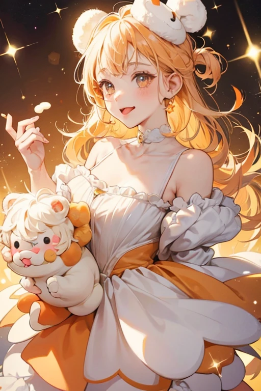 A cream-colored GIRL bear with a silly expression composed of her sticking out her tongue with a scrunched up mouth. Her toy form lacks the mouth and has a basic expression. She has very pale cream-colored icing on the top of her head with light orange sprinkles on her back. SPARKLE; GLITTER