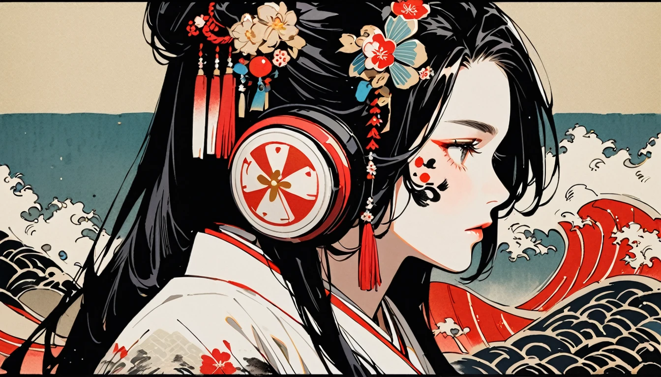 (((Ink Painting))), Fashion portrait color photos, (((1 girl))), (((Tattoo on face))), (((Gorgeous hair accessories))), Japanese style headphones, face close-up, Japan人の美少女, Black Hair, Delicate and precise, Modern ukiyo-e style,Japan, Japanese flag