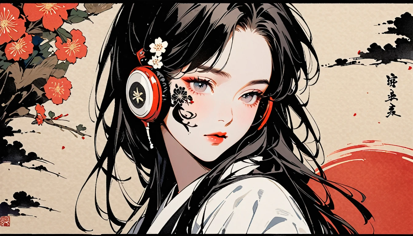 (((Ink Painting))), Fashion portrait color photos, (((1 girl))), (((Tattoo on face))), (((Gorgeous hair accessories))), Japanese style headphones, face close-up, Japan人の美少女, Black Hair, Delicate and precise, Modern ukiyo-e style,Japan, Japanese flag