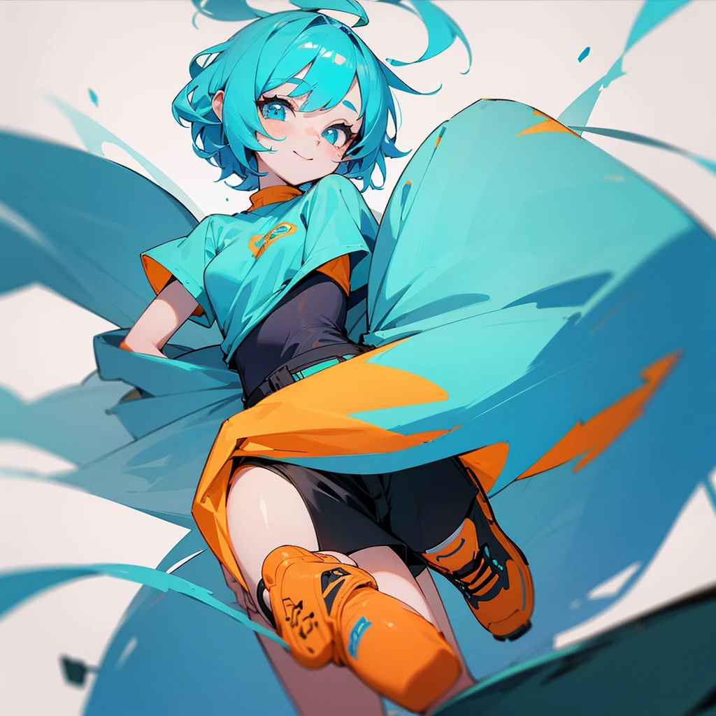 chibi beautiful girl, short cyan hair, big cyan eyes, small breasts, and slender, 8K, top quality, (very detailed head: 1.0), (very detailed face: 1.0), (very detailed hair: 1.0), orange t shirt, black shorts, cyan air Jordan shoes, orange socks, very detailed official artwork, 8k, high quality, High definition, clean detailed anime art, smile, with white background