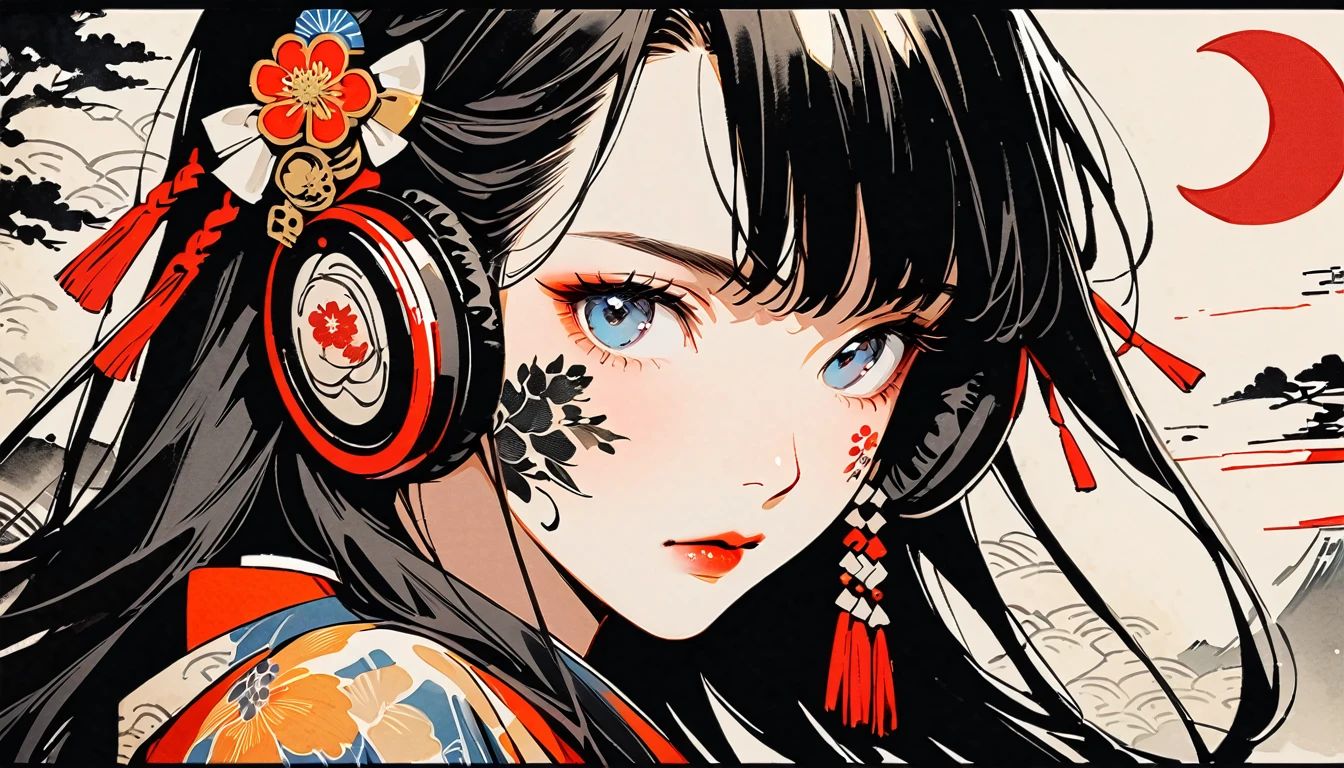 (((Ink Painting))), Fashion portrait color photos, (((1 girl))), (((Tattoo on face))), (((Gorgeous hair accessories))), Japanese style headphones, face close-up, Japan人の美少女, Black Hair, Delicate and precise, Modern ukiyo-e style,Japan, Japanese flag