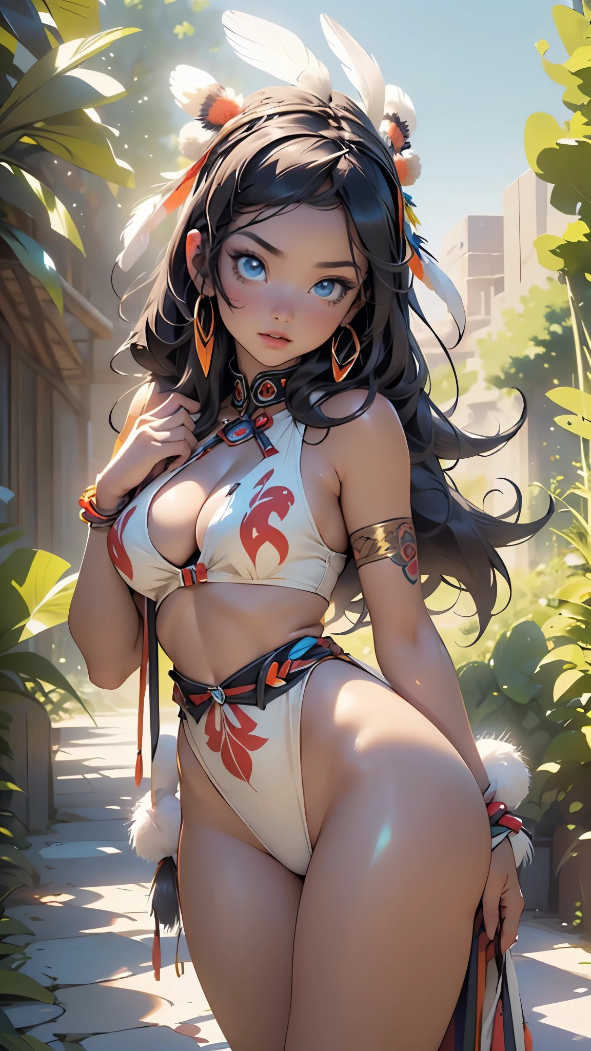 {{full color}}, {{medium shot}, tight framing}, (side by side), {(three) (young american indian girls), anime style, petite, cute}, {wearing (earth-colored bikini lingerie), (long gloves), (cotton scarf), (feather headdress)}, evil smile, (hair tied), (looking visualizer), {slender figure, mayoral anatomy}, {arms behind back, hidden hands}, {(face painting), (body painting), lot of (tribal tattoos)}, (skin pores, skin texture, subsurface scattering), (absurd), (masterpiece, best quality, ultra thin), (hyper detailed, beautiful face detailed, insanely detailed skin, insanely detailed resolution, ultra texture, perfect detailed face, sharp focus, blurred, clarity, sharp, octane render, unreal engine, low iso, sharp edges), (cinematic color classification, photorealistic, ultrarealistic, sunny landscape in daylight, natural lighting, HDR), (DOF, bokeh, atmospheric)