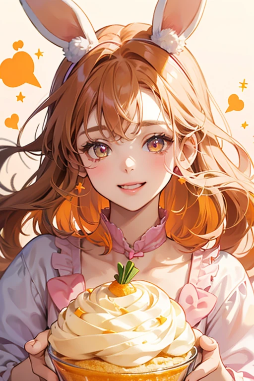 A pink GIRL bunny Num with a winking face and a bite from her right ear. Her nose and eyes are brown and she has an opened mouth. She has custard-colored icing and orange sprinkles to match the carrot-orange bow. SPARKLE; GLITTER