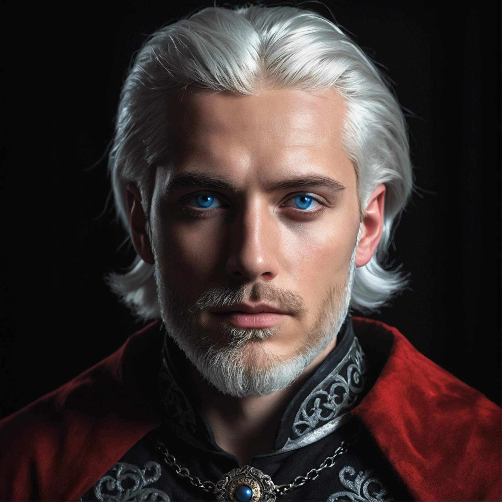 (a 30-year-old man with short silver white hair and blue eyes, well-groomed e short silver white beard, wearing luxurious medieval red and black clothes,dramatic lighting,highly detailed,photorealistic,8k,cinematic,dramatic atmosphere,dark fantasy,dramatic pose,chiaroscuro lighting,moody lighting,dramatic shadows,stunning details)