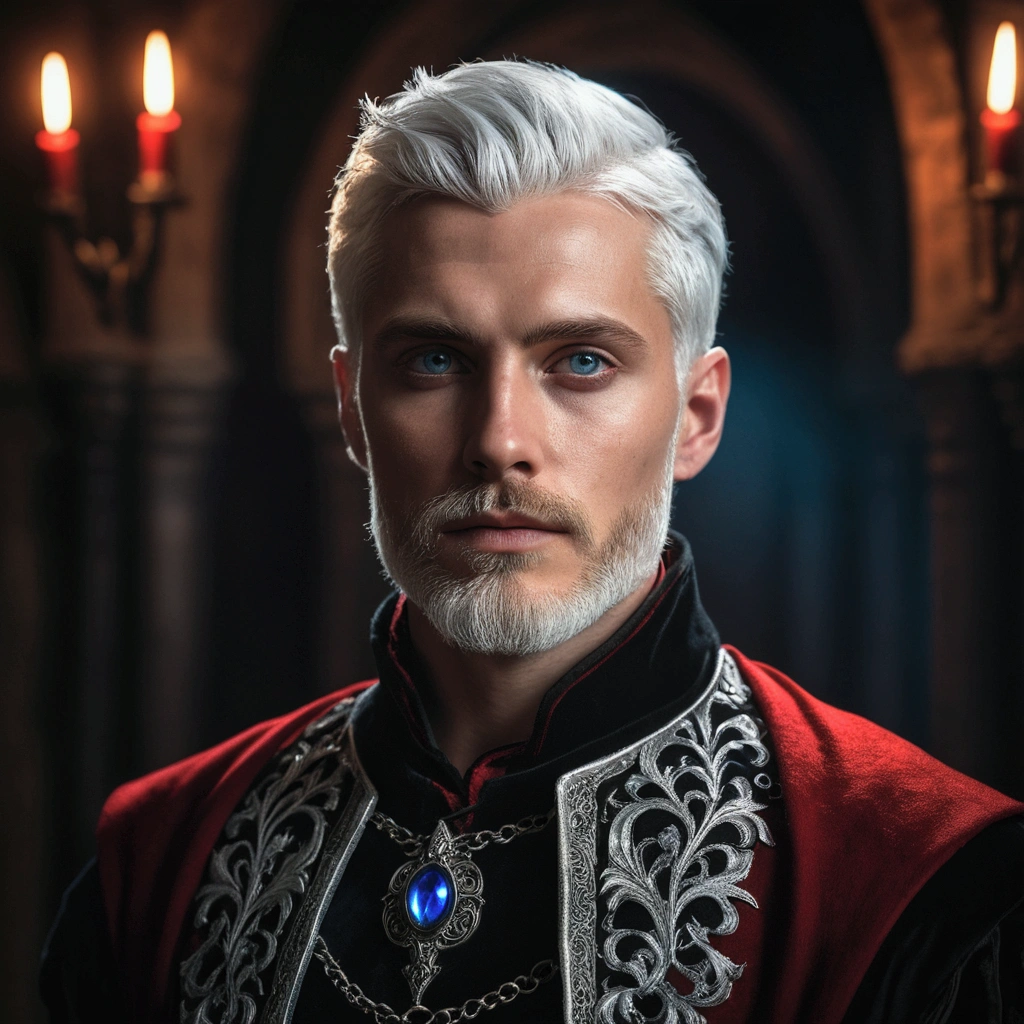 (a 30-year-old man with short silver white hair and blue eyes, well-groomed e short silver white beard, wearing luxurious medieval red and black clothes,dramatic lighting,highly detailed,photorealistic,8k,cinematic,dramatic atmosphere,dark fantasy,dramatic pose,chiaroscuro lighting,moody lighting,dramatic shadows,stunning details)