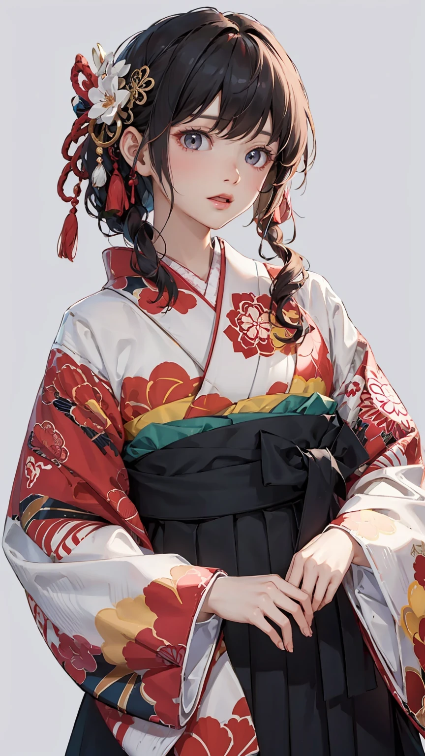 (((White background、White world)))、unity 8k wallpaper、Ultra-detailed、Beautiful and aesthetic、masterpiece、Highest quality、(Tangleた、And Mandalas、Tangle、Tangle)、(Fractal Art:1.3)、One Girl、Beautiful black hair、Japanese、Big pink、Red kimono、Japanese clothing、Very detailed、Dynamic Angle、Cowboy Shot、Chaos in its most beautiful form、elegant、Brutalist Design、Vibrant colors、Romance、atmosphere、Ecstasy Note、Streaming notes are visible、(((White background、Pure white background、Red circle)))