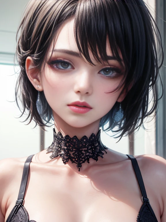 Depth of bounds written, detailed eye, ((CG illustration)), ((face focus)), ((masterpiece)), ((8K)), ((super detailed)), ((Super high quality)), ((cinematic)), ((Photoreal)), ((close up shot)), (solo), (cool girl), very long hair, straight hair, (((thin body))), Glossy skin, ((look away)), (Beautiful goth girl with high cheeks and legs), Gothic makeup, clear eyes, lipstick, dark eye shadow, ((No bra)), choker, earrings, provoke, night, ((full moon)), ((Functional)), Lonely, Visual kei, ((pastel colour)), Unwound clothes, forget, kiss, White Knight, dark, silence