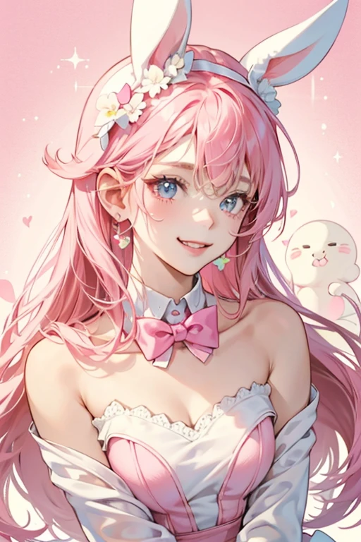A hot pink GIRL bunny num with a bite missing from her left ear. She has a simple, smiling expression. Her icing is a pale cream color with bubblegum-pink bow and sprinkles. SPARKLE; GLITTER