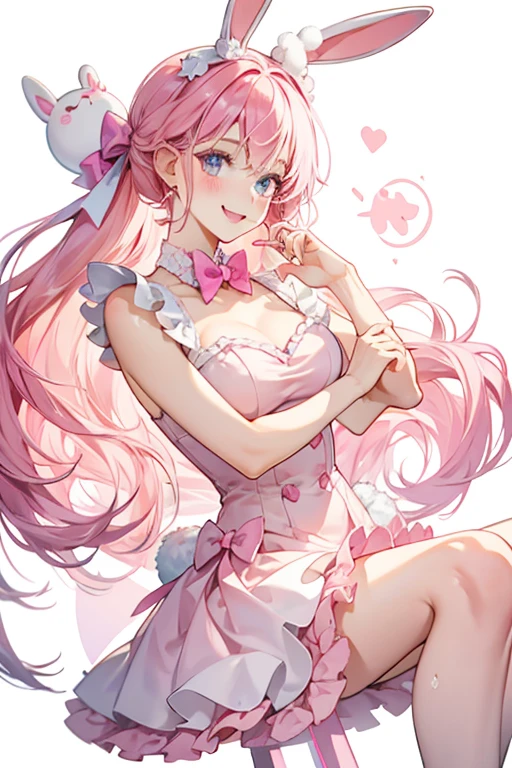 A hot pink GIRL bunny num with a bite missing from her left ear. She has a simple, smiling expression. Her icing is a pale cream color with bubblegum-pink bow and sprinkles. SPARKLE; GLITTER