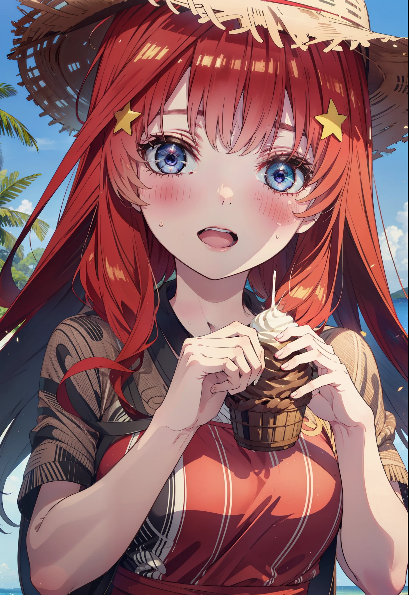 itsukinakano, Itsuki Nakano, bangs, blue eyes, Long Hair,Hair between the eyes, Ahoge, Redhead, star \(symbol\), hair ornaments, star hair ornaments,Straw hat,Red sleeveless dress,mini skirt,Heeled Sandals,Walking,smile,blush,Open your mouth,Eating ice cream,Holding ice cream in one hand,whole bodyがイラストに入るように,Palm tree,True Summer,Clear skies,
break outdoors,Tropical Coastline,
break looking at viewer,whole body ,
break (masterpiece:1.2), Highest quality, High resolution, unity 8k wallpaper, (figure:0.8), (Beautiful attention to detail:1.6), Highly detailed face, Perfect lighting, Highly detailed CG, (Perfect hands, Perfect Anatomy),