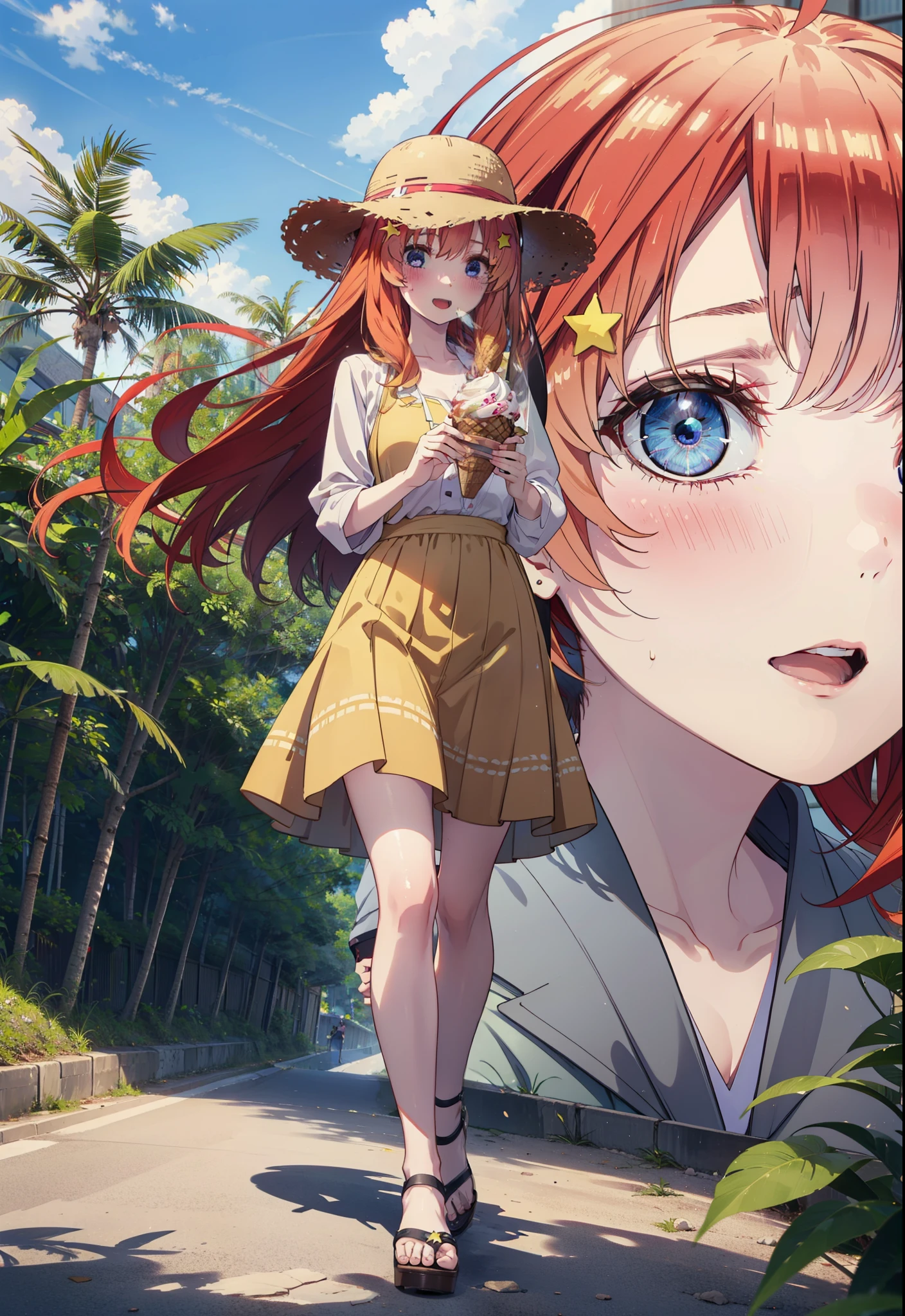 itsukinakano, Itsuki Nakano, bangs, blue eyes, Long Hair,Hair between the eyes, Ahoge, Redhead, star \(symbol\), hair ornaments, star hair ornaments,Straw hat,Red sleeveless dress,mini skirt,Heeled Sandals,Walking,smile,blush,Open your mouth,Eating ice cream,Holding ice cream in one hand,whole bodyがイラストに入るように,Palm tree,True Summer,Clear skies,
break outdoors,Tropical Coastline,
break looking at viewer,whole body ,
break (masterpiece:1.2), Highest quality, High resolution, unity 8k wallpaper, (figure:0.8), (Beautiful attention to detail:1.6), Highly detailed face, Perfect lighting, Highly detailed CG, (Perfect hands, Perfect Anatomy),