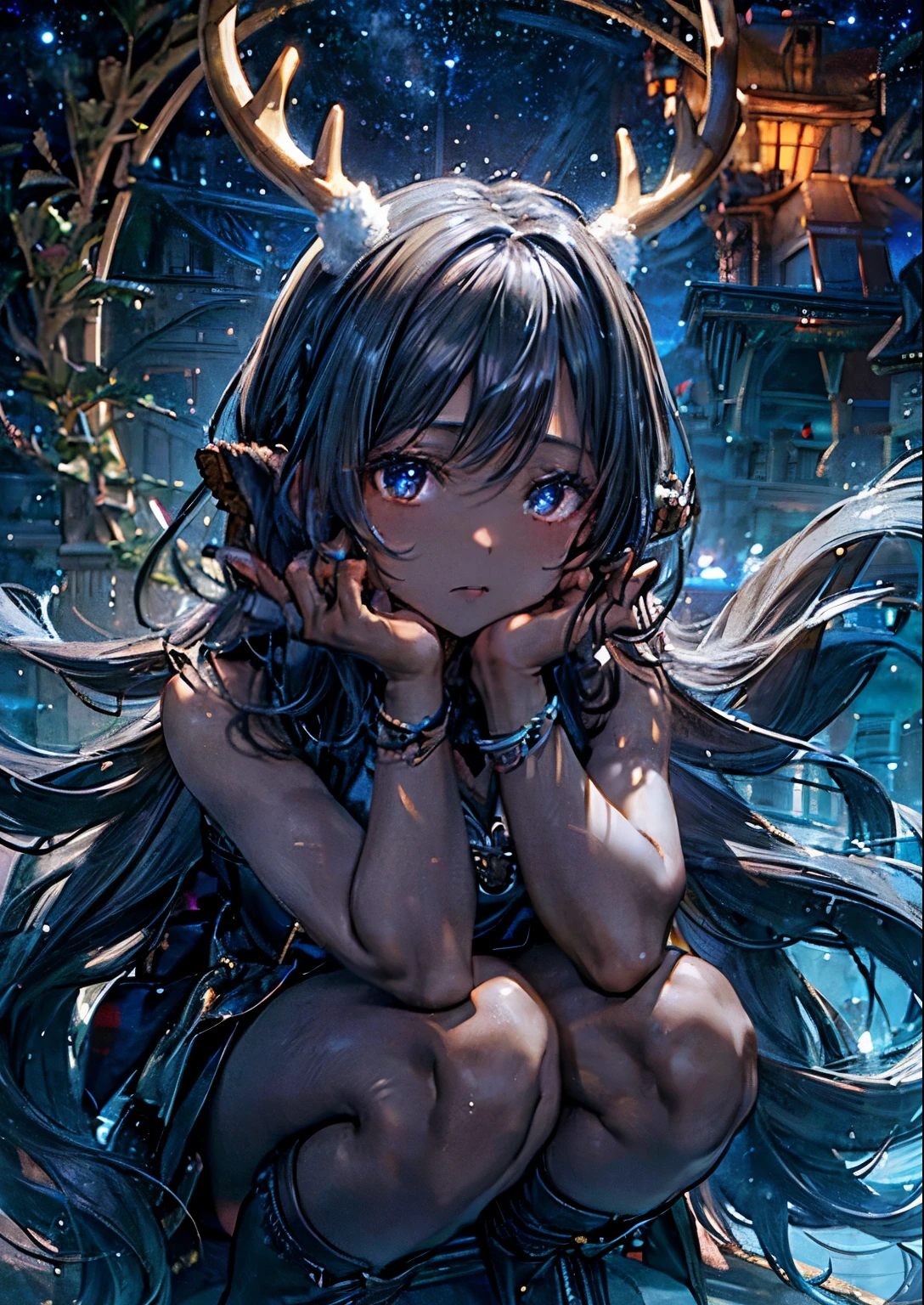 Flat lighting,elevation,sexy,A beautiful woman with supple curves,((Highest quality)), ((masterpiece)),(detailed), One girl,Silver Hair,Long Hair，Dark Skin,Wearing a black sleeveless dress，Wear black high heels，Squatting pose on top of the tower,Starry Sky，cloud，Girl with deer antlers on her head，Look away One girl,Silver Hair,Long Hair，Dark Skin,Wearing a black sleeveless dress，Wear black high heels，Squatting pose on top of the tower,Starry Sky，cloud，Girl with deer antlers on her head，Look away