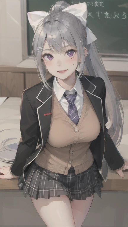 masterpiece, best quality, highres, higuchi kaede, 1girl, virtual youtuber, solo, long hair, mole under eye, skirt, necktie, jacket, purple eyes, socks, ponytail, hair ornament, white bow, hair bow, bow, blazer, very long hair, purple necktie, pleated skirt, white socks, hairclip, open clothes, cardigan, , kneehighs, grey hair, black jacket, shirt, collared shirt, plaid, open jacket, bangs, plaid skirt, miniskirt, tachi-e, white shirt, long sleeves, grey skirt, breasts, plaid necktie, standing, cowboy shot, smile,