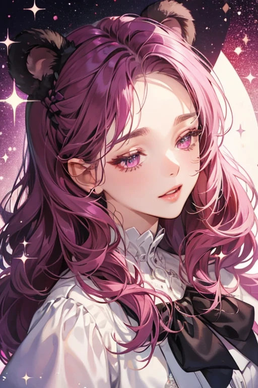A dark magenta GIRL bear with shut eyes and an opened mouth. She has white cream all over the top of her head. SPARKLE; GLITTER
