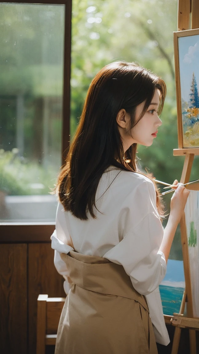 A girl with a beautiful posture is painting in front of an easel. The realistic lighting from the window illuminates her focused expression and the details of her artwork. The scene is captured from an artistic angle, showing her back and the emerging painting, creating a highly realistic and warm atmosphere