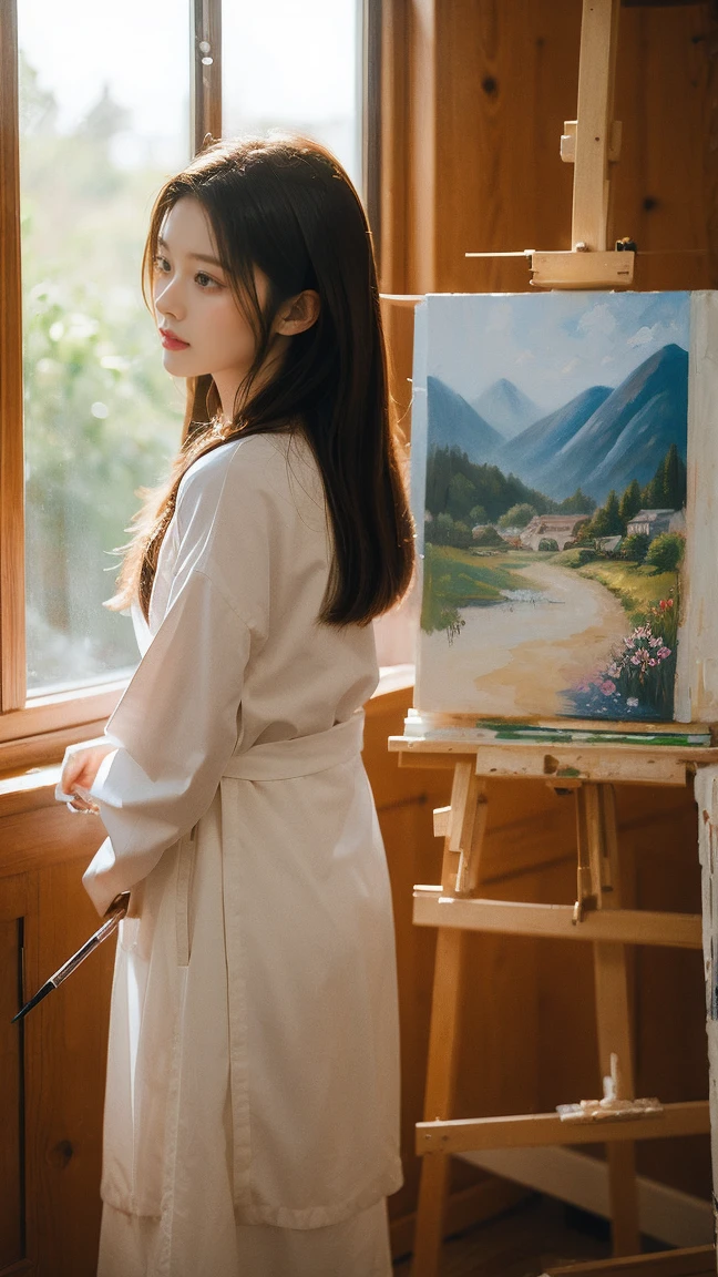 A girl with a beautiful posture is painting in front of an easel. The realistic lighting from the window illuminates her focused expression and the details of her artwork. The scene is captured from an artistic angle, showing her back and the emerging painting, creating a highly realistic and warm atmosphere