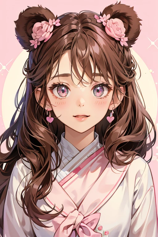 A pink GIRL bear with her tongue sticking out from her opened mouth, making a cute expression. She has a brown swirl of icing on her head, worn with a dark chocolate bow on her right ear. SPARKLE; GLITTER