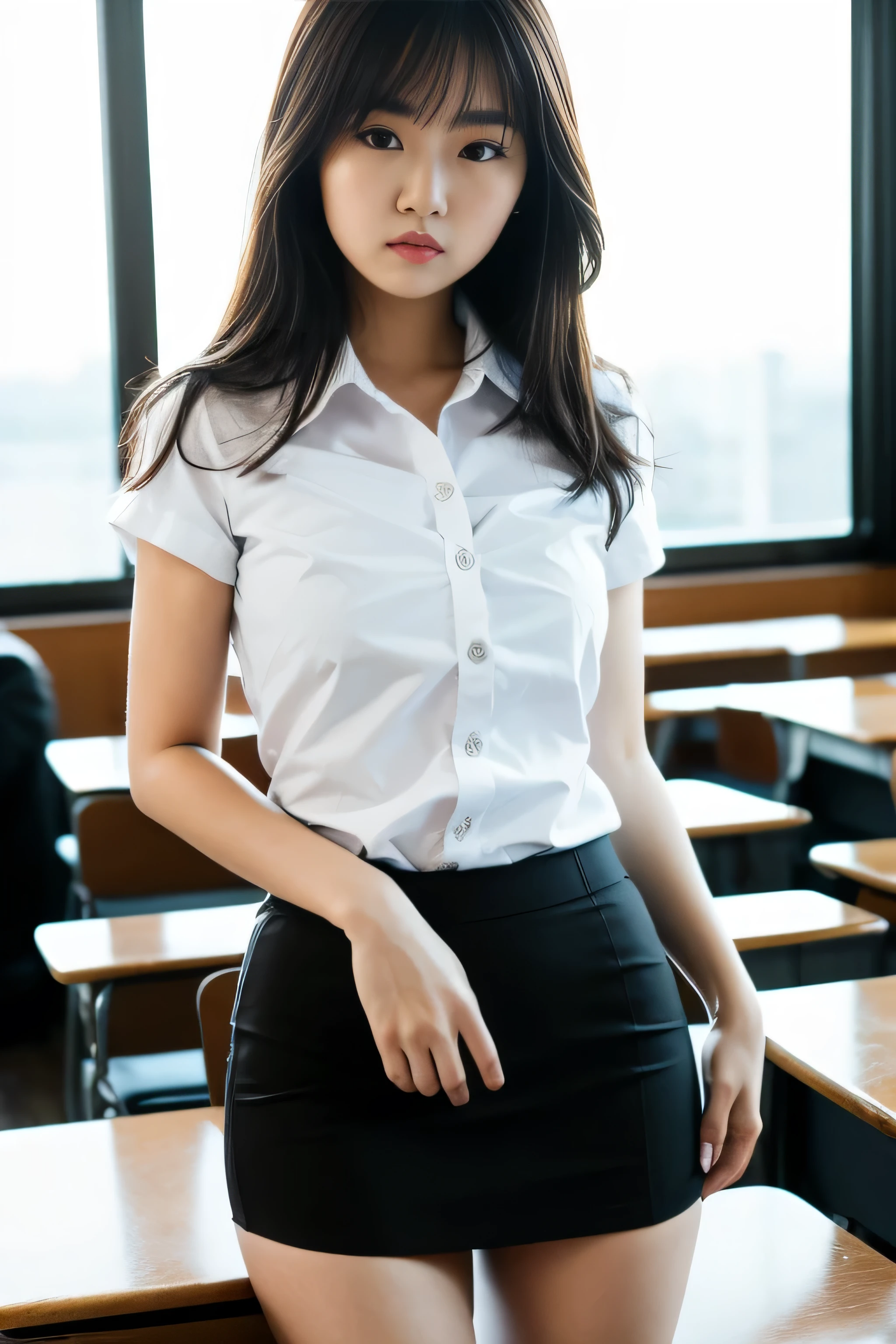 Close up,1 girl{{A beautiful girl wearing a white short-sleeved shirt and a black short A-line skirt}} stood in the classroom.  sexy poses  with several lecture tables set up behind it  There is a sliding glass window.  There was evening light streaming into the room.