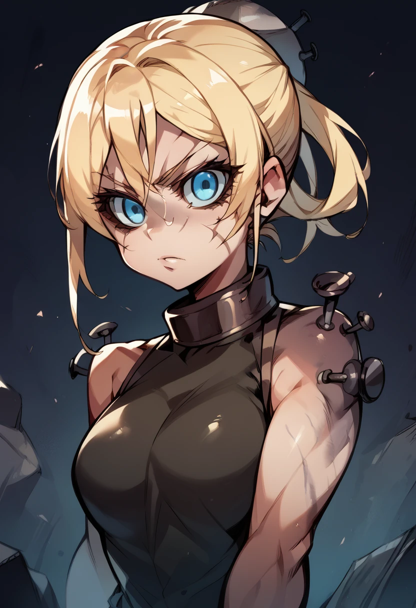 Anime female skinhead,blonde, blue eyes, dark punk clothes, mercenary, deadly and skilled, sexy german