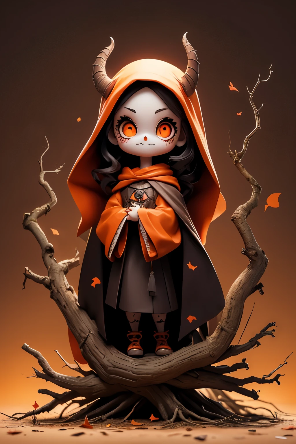 Photorealistic、Cute horror fantasy、Chibi Girl Doll(Devil Cosplay、Wicked Smile、Sagging under the eyes、Long eyebrows、Long nails、Orange eyes、Wear a long, big cloak) BREAK ,background(Musical notes around the doll, (dead tree:1.3), in the forest,shadow the cardboard\(Bat,Skeleton,Crow\)\)