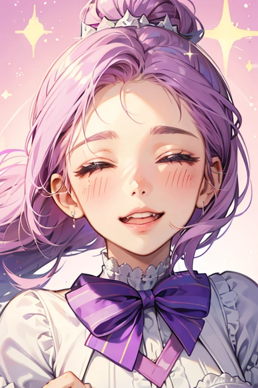 A pastel purple GIRL cupcake num with closing eyes, blushed cheeks and a happy opened mouth. On her topper head and forehead is a darker purple swirl. She wears a vanilla-colored bow. SPARKLE; GLITTER