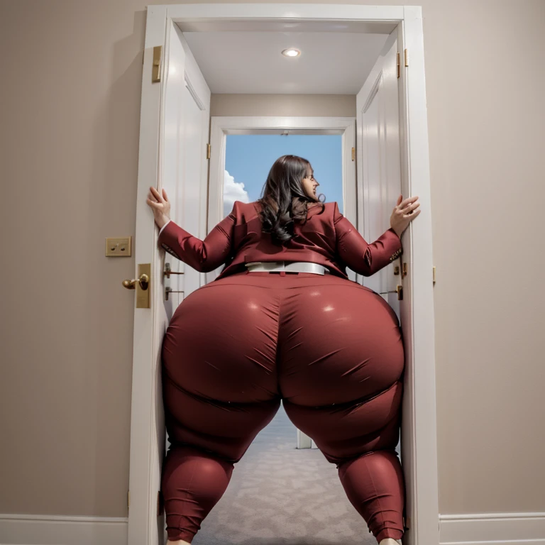 masterpiece, 1girl tall, fat, bottom heavy ssbbw british, 30 year old, behind a doorway, from behind, (doorstuck, stuckback:1.3), big belly, huge wide hips, massive butt,  thick thighs, colorful clothing, wearing a red suit and tie and formal pants, upset, she tries to wiggle her big body through the door, but the door is too small and she is stuck tight, she kicks and swings her legs back and forth in a panic, she is way too big and round to fit through,, she looks behind at the viewer politely asking for some help as she tries to pull herself out with all her might, she swings her hips desperately