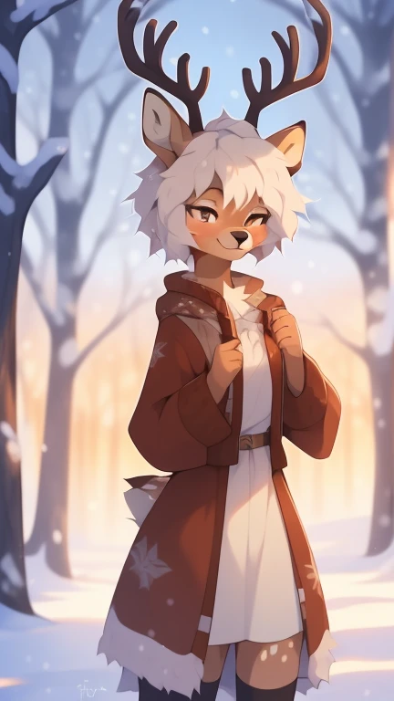 ((by reysi)), Best quality, Super detailed illustration, (fluffy deer boy:1.4) , feminine face and body, disheveled thick hair, warm clothes of the northern peoples, warm colors, decorations on clothes, smug smile, against the backdrop of a winter forest and high snow-capped mountains ,a femboy ,small waist, wide hips, slim, perfect body,