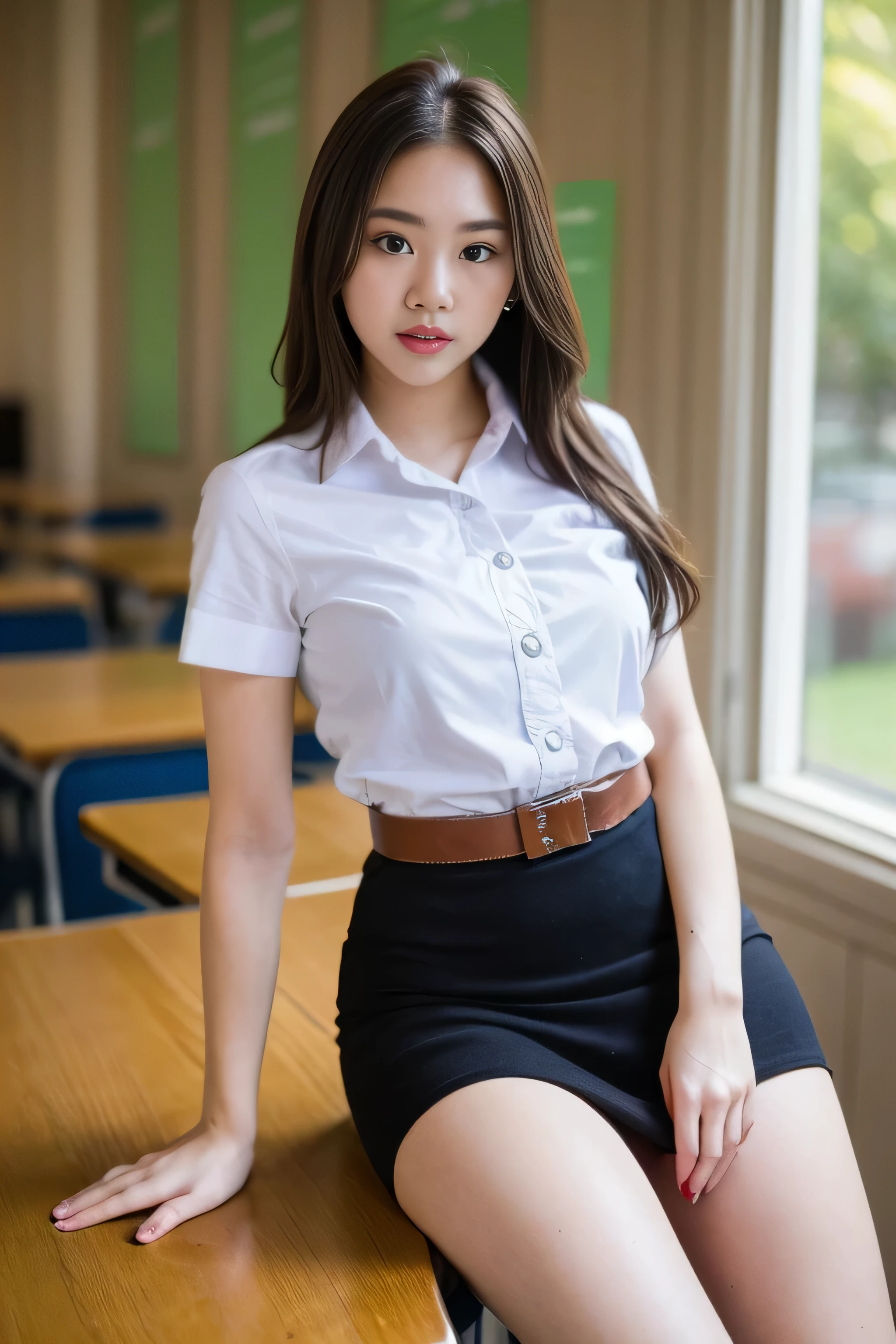 Close up,1 girl{{A beautiful girl wearing a white short-sleeved shirt and a black short A-line skirt}} stood in the classroom.  sexy poses  with several lecture tables set up behind it  There is a sliding glass window.  There was evening light streaming into the room.