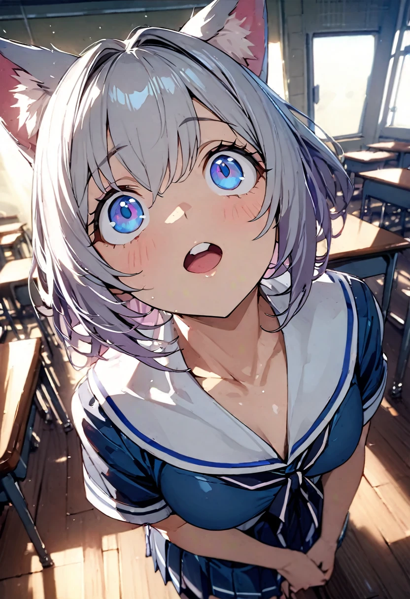 1girl、(((best quality)), ((masterpiece)), (details), masterpiece, best quality, high quality, ulutra detailed, perfect face, ((1girl, Blue eyes, cat ears: 1.3 silver bob hair: 2.5,))、Shiny Hair、Glowing Skin、Happy face、Lustful look、Short sleeve、Sailor suit、Pleated skirt、Give me the envelope、Embarrassing、Look up here、Confession、classroom
