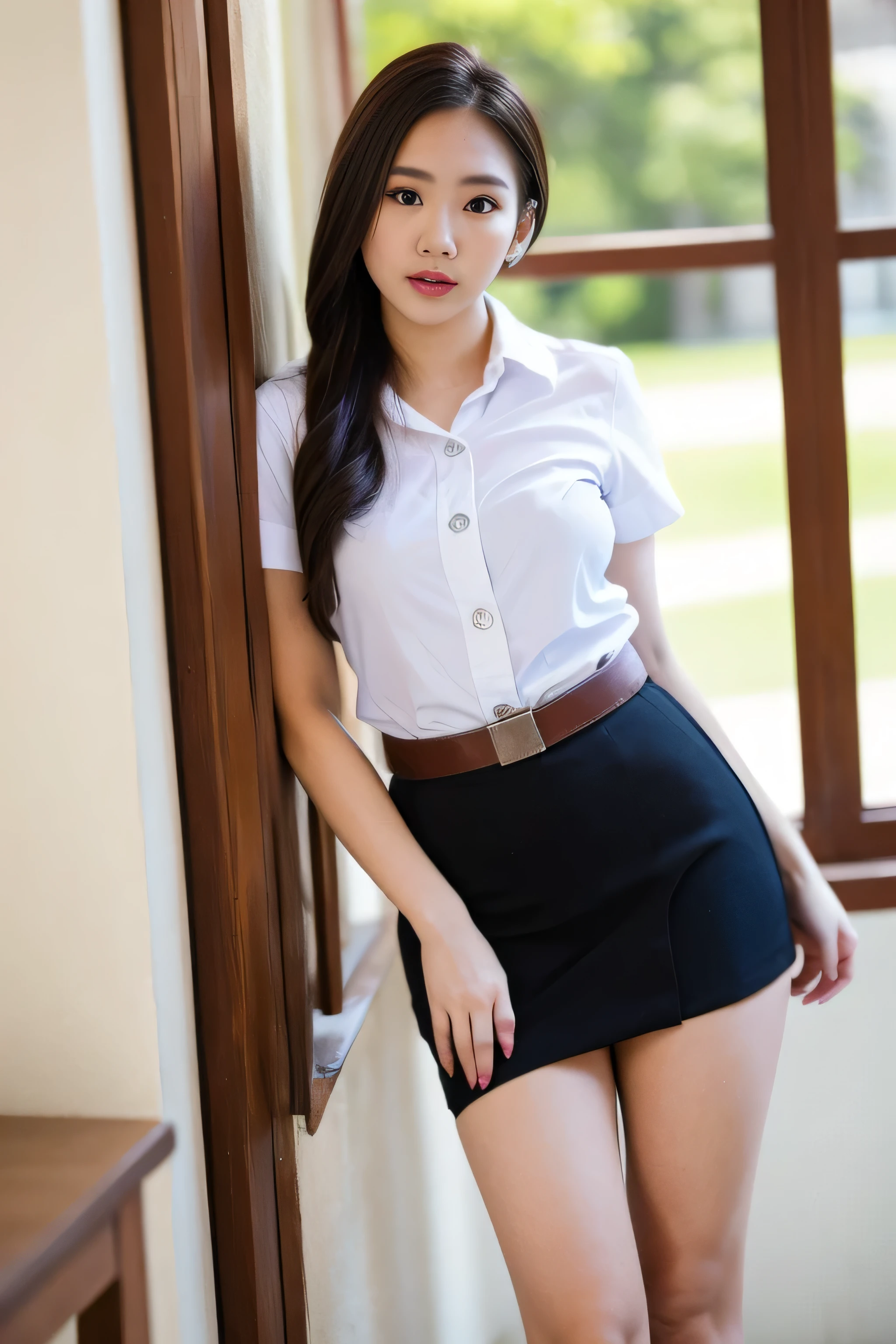 Close up,1 girl{{A beautiful girl wearing a white short-sleeved shirt and a black short A-line skirt}} stood in the classroom.  sexy poses  with several lecture tables set up behind it  There is a sliding glass window.  There was evening light streaming into the room.