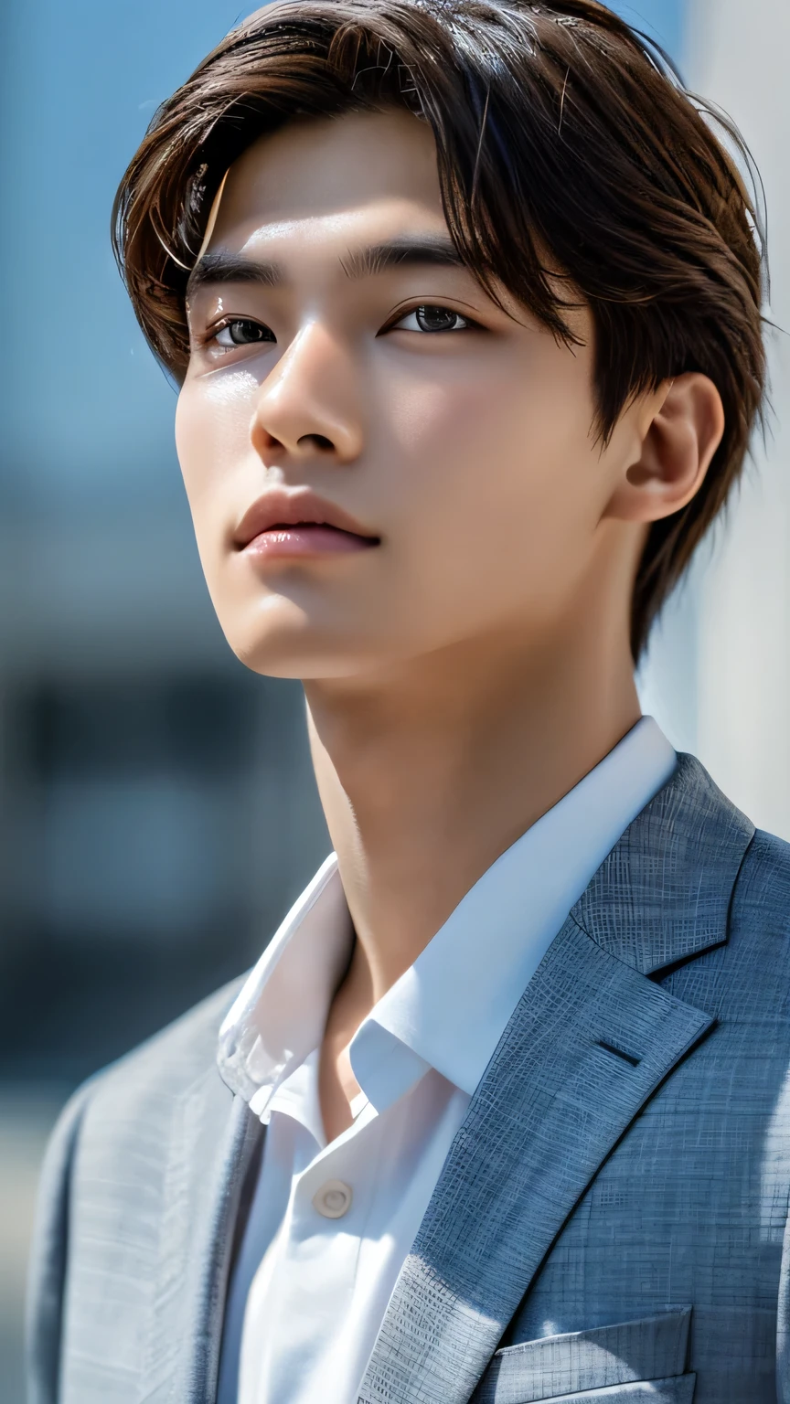 Highest quality, masterpiece, Ultra-high resolution, (Realistic: 1.4), Original photo, wallpaper, Head Photo, skin, Simple Background, Iris, detailed, Selfie, 1 boy, 18-year-old, good looking, Wind,suit